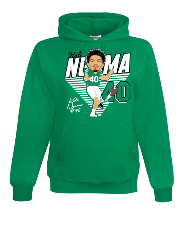 A green hoodie with a picture of a man in the middle.