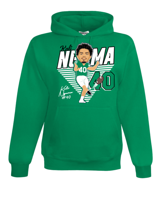 A green hoodie with a picture of a man in the middle.