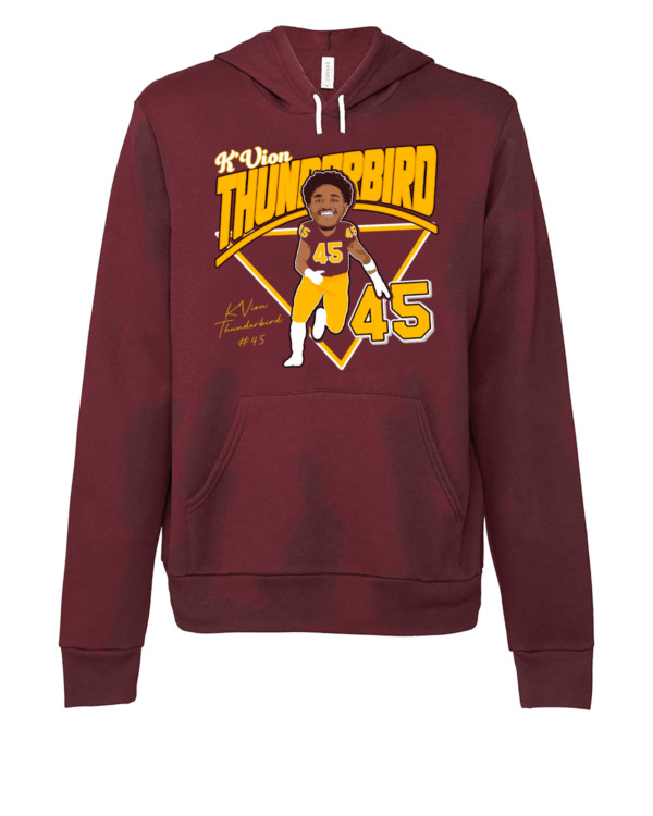 A maroon hoodie with an image of a man on it.