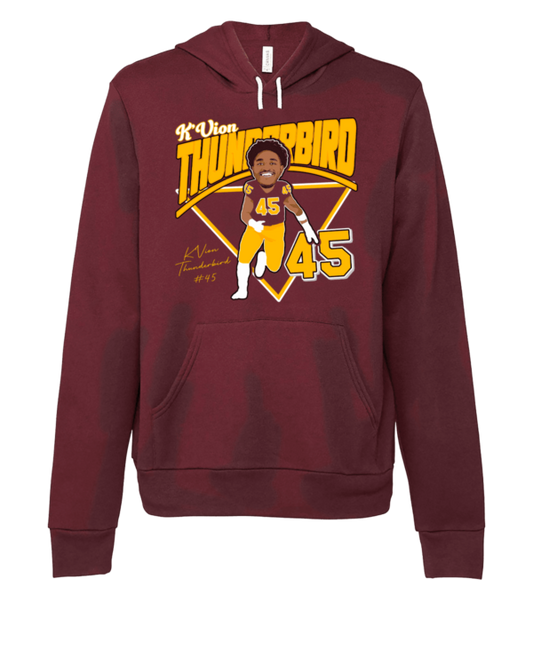 A maroon hoodie with an image of a man on it.