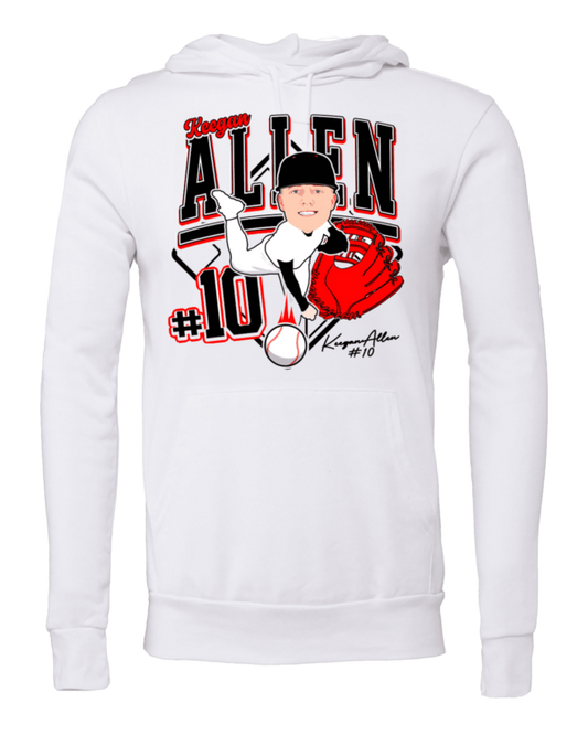 A white sweatshirt with an image of a baseball player.