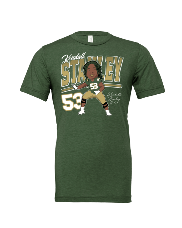 A green shirt with a caricature of a football player.