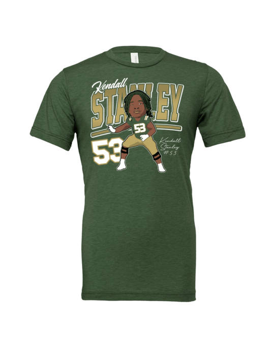 A green shirt with a caricature of a football player.