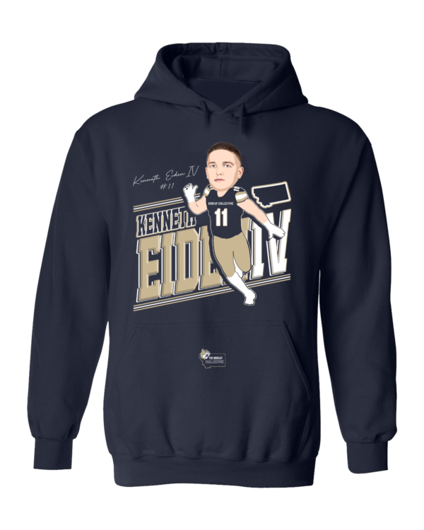 A navy blue hoodie with an illustration of a football player.