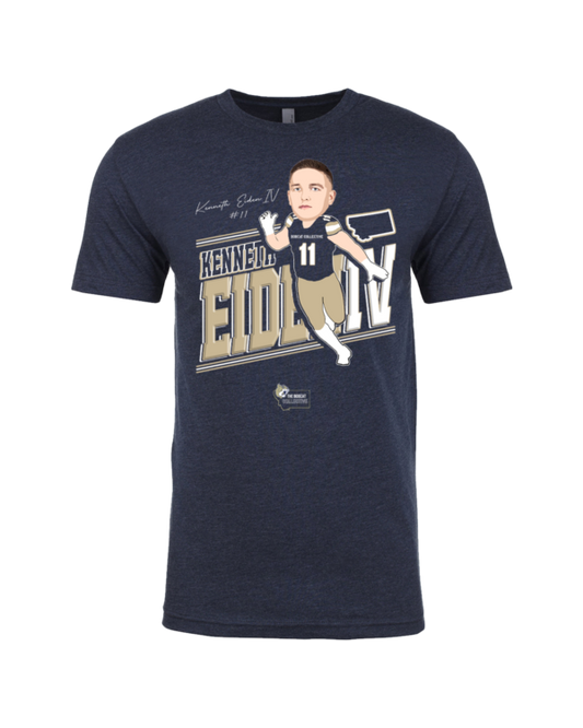 A navy blue t-shirt with an image of a football player.