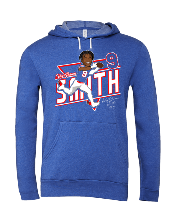 A blue hoodie with a picture of a baseball player.