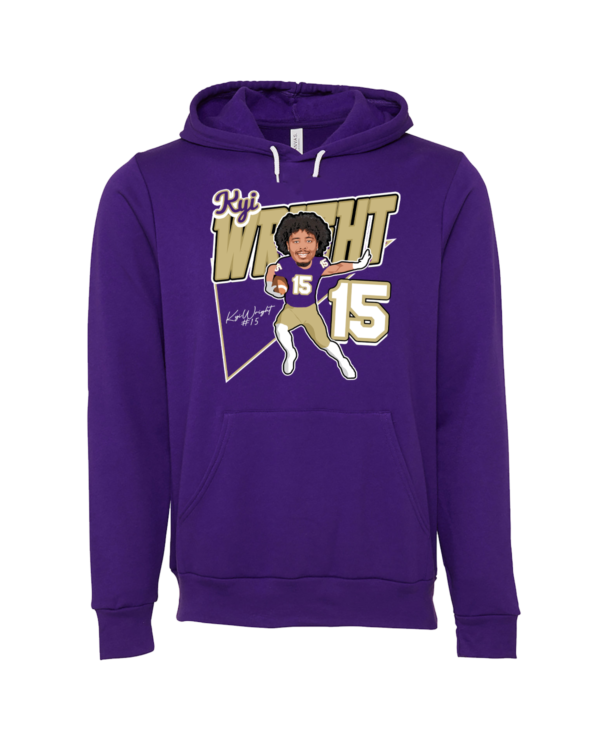 A purple hoodie with a picture of a man in the middle.