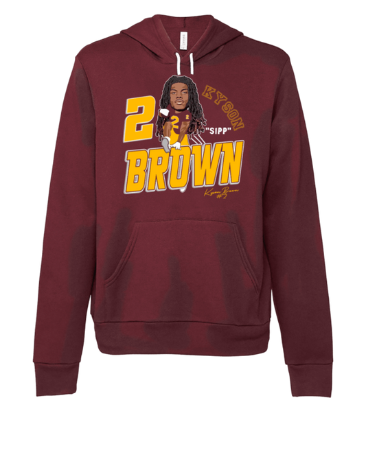 A maroon hoodie with a picture of a man in the middle.