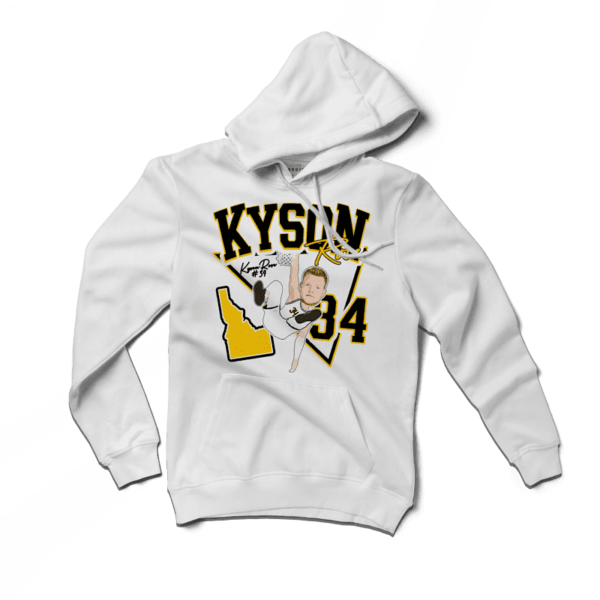 A white hoodie with the name kyson and an image of a baseball player.