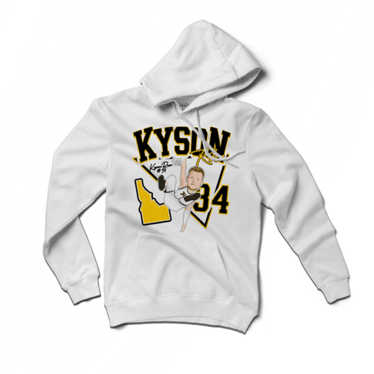 A white hoodie with the name kyson and an image of a baseball player.