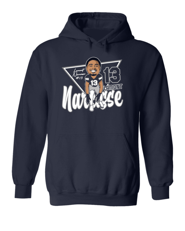 A navy blue hoodie with an illustration of a man.