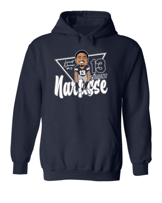 A navy blue hoodie with an illustration of a man.