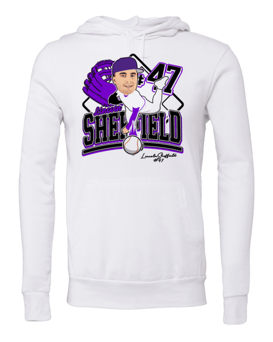 A white hoodie with a baseball player and the name " shefield ".