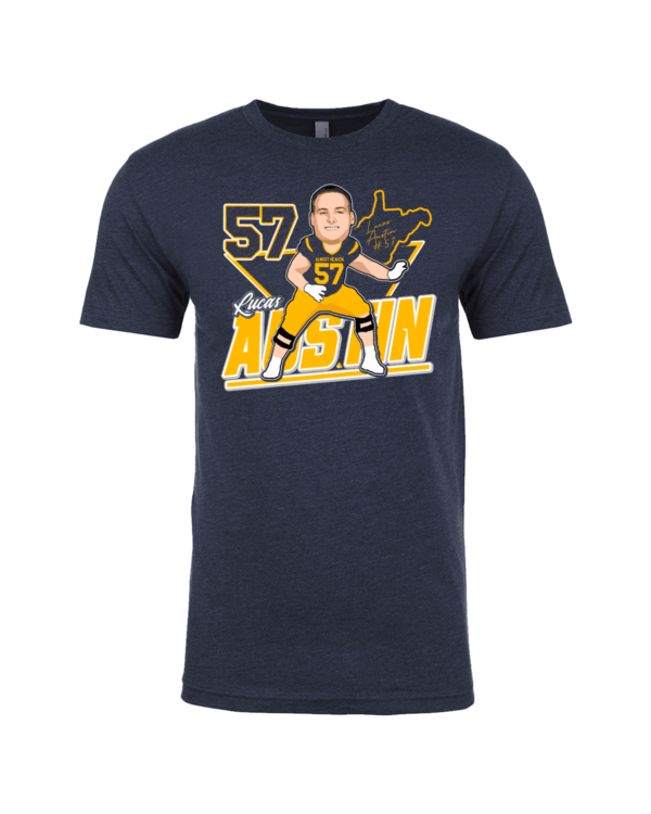 A navy blue t-shirt with a picture of a man in yellow and black.