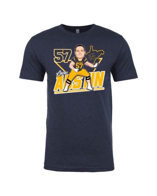 A navy blue t-shirt with a picture of a man in yellow and black.