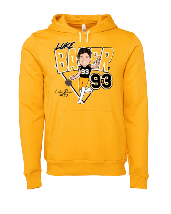 A yellow hoodie with an image of a baseball player.