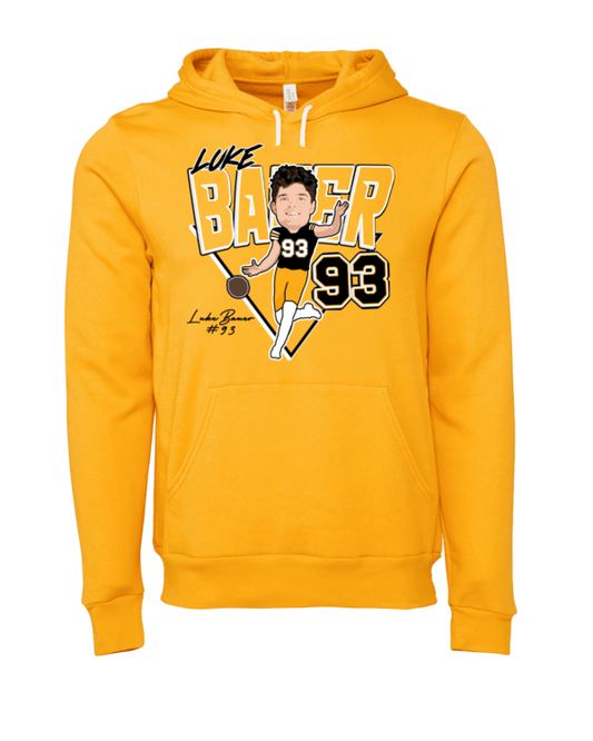 A yellow hoodie with an image of a baseball player.