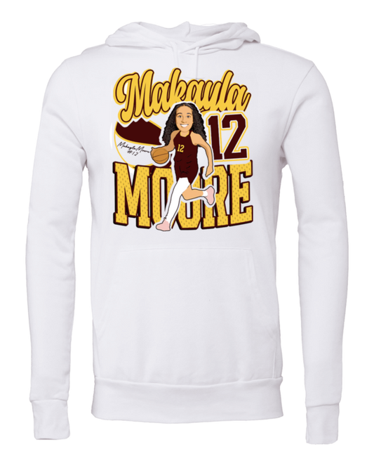 A white sweatshirt with a picture of makayla moore.