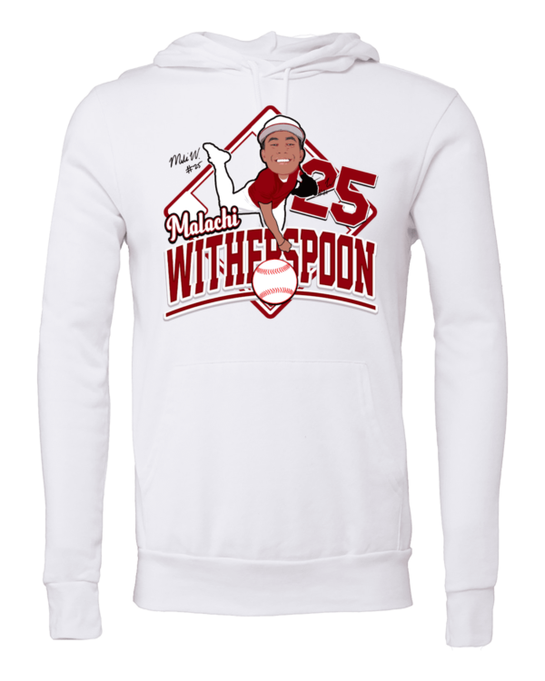 A white sweatshirt with an image of a baseball player.