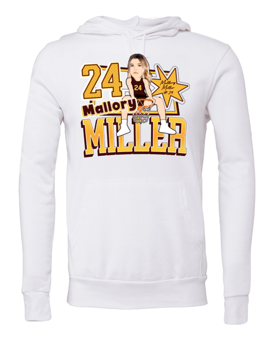 A white hoodie with a picture of mallory miller.