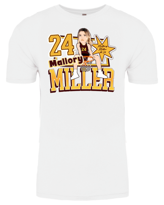 A white t-shirt with a picture of mallory miller.