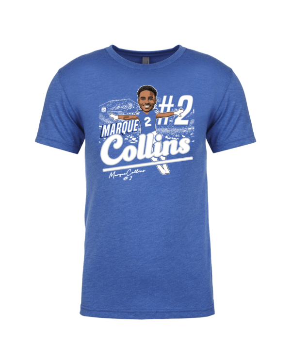 A blue t-shirt with a picture of a man and the name of his favorite baseball team.