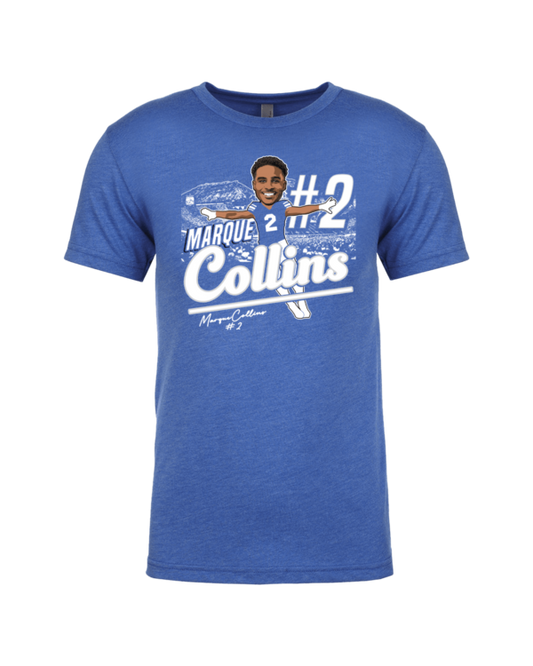 A blue t-shirt with a picture of a man and the name of his favorite baseball team.