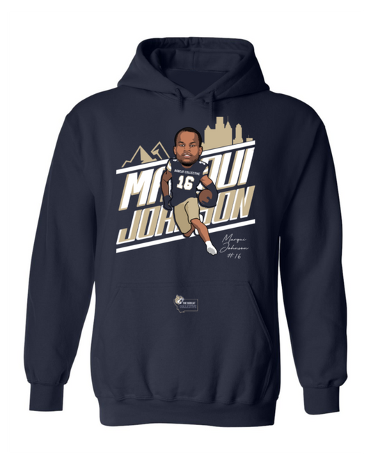 A black hoodie with a caricature of a man in a football uniform.