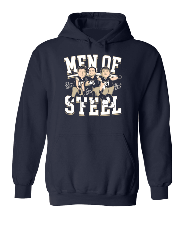 A navy blue hoodie with the words men of steel on it.