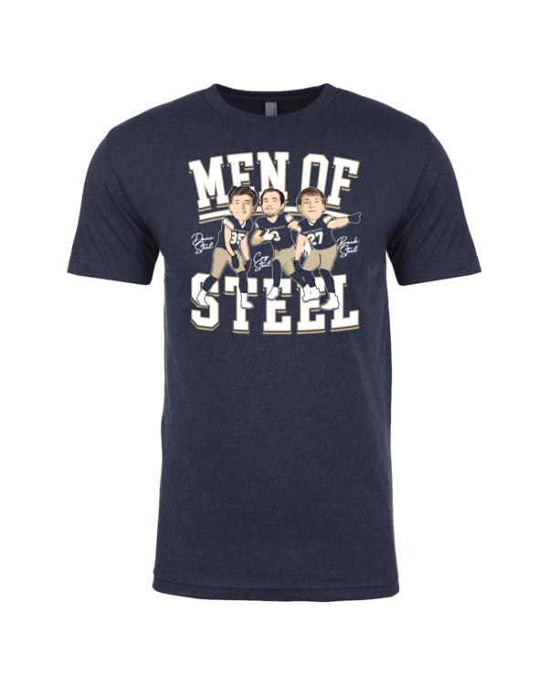 A navy blue t-shirt with men of steel on it.