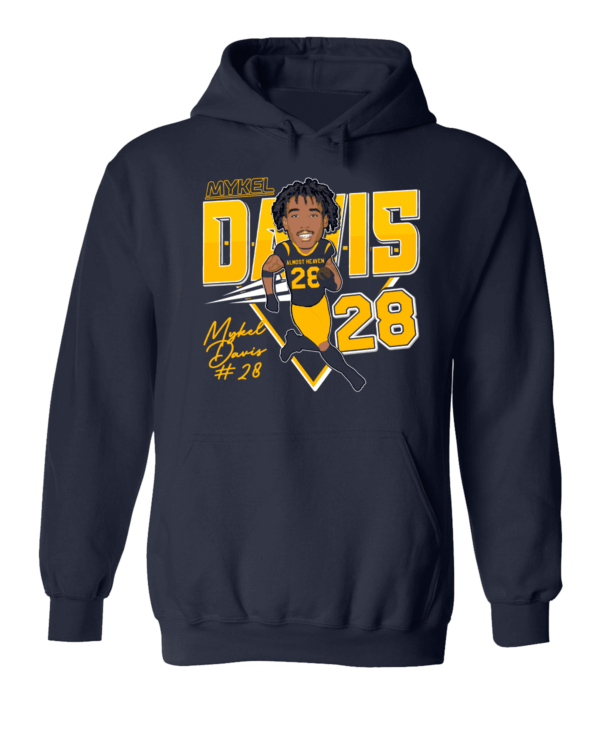 A navy blue hoodie with an image of a baseball player.