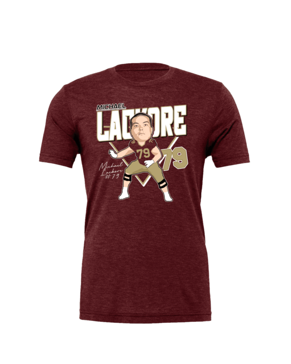 A maroon t-shirt with an image of a person holding a tennis racket.