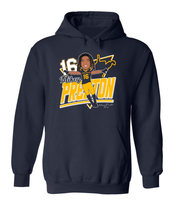 A navy blue hoodie with an illustration of a person.