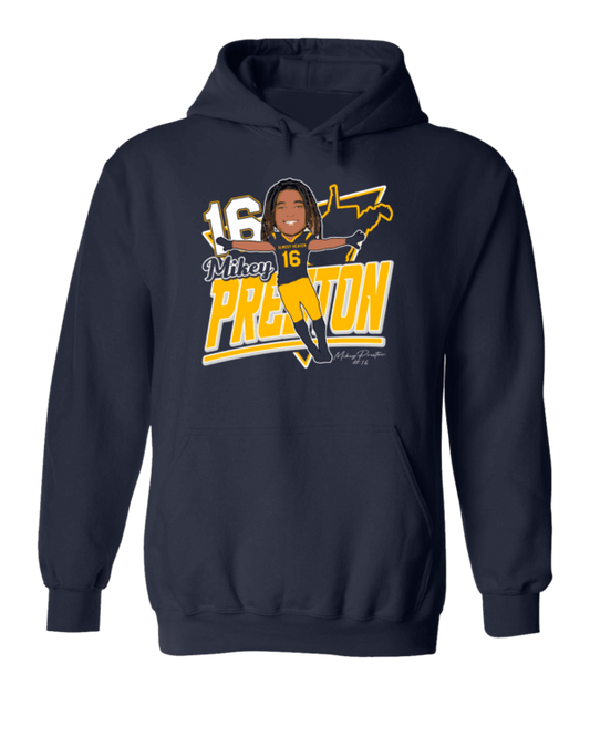 A navy blue hoodie with an illustration of a person.