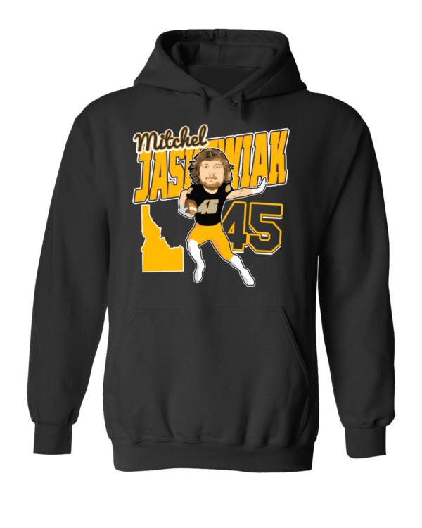 A black hoodie with a cartoon of a woman in yellow and white.