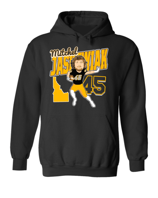 A black hoodie with a cartoon of a woman in yellow and white.