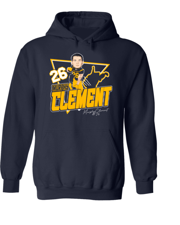 A navy blue hoodie with a picture of a man and the name " clement ".