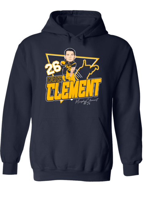 A navy blue hoodie with a picture of a man and the name " clement ".