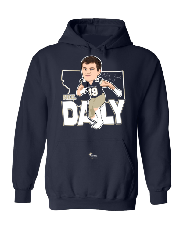 A navy blue hoodie with an illustration of the head and shoulders of a football player.