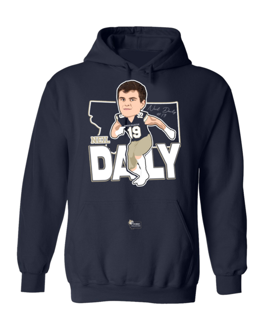 A navy blue hoodie with an illustration of the head and shoulders of a football player.