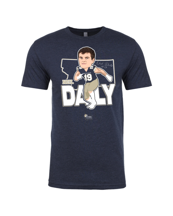 A navy blue t-shirt with a picture of a man in the middle.