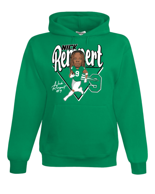 A green hoodie with a cartoon of a baseball player.