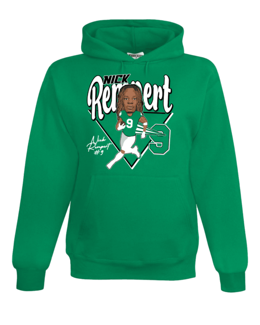 A green hoodie with a cartoon of a baseball player.