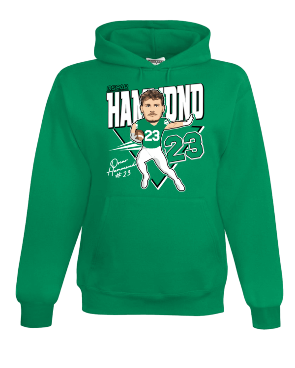 A green hoodie with a picture of a baseball player.