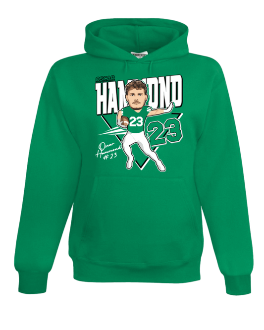 A green hoodie with a picture of a baseball player.