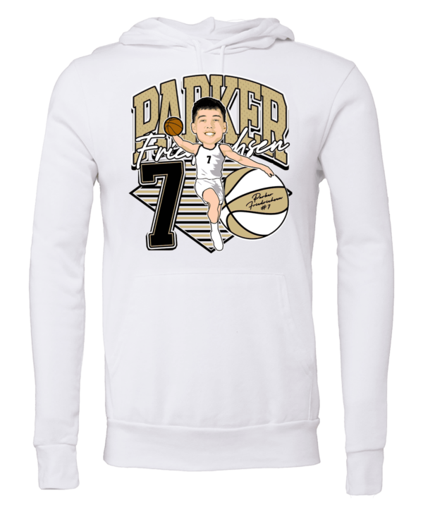 A white sweatshirt with a caricature of a basketball player.