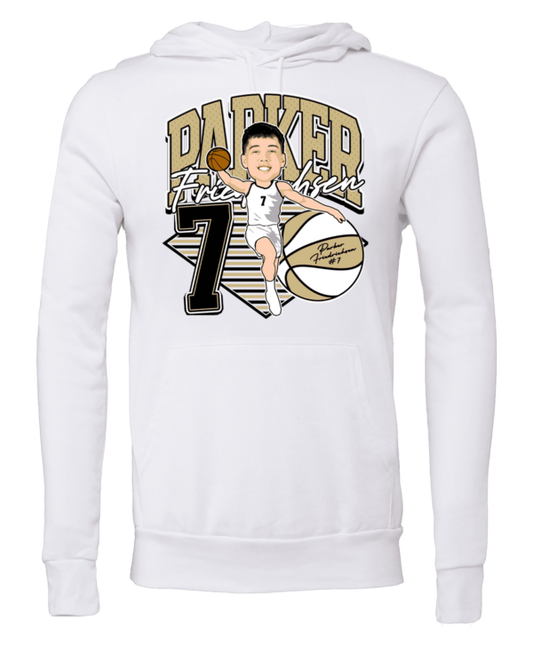 A white sweatshirt with a caricature of a basketball player.