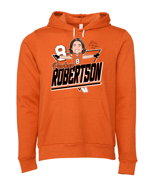 A orange hoodie with an image of a person and the name " george robertson ".