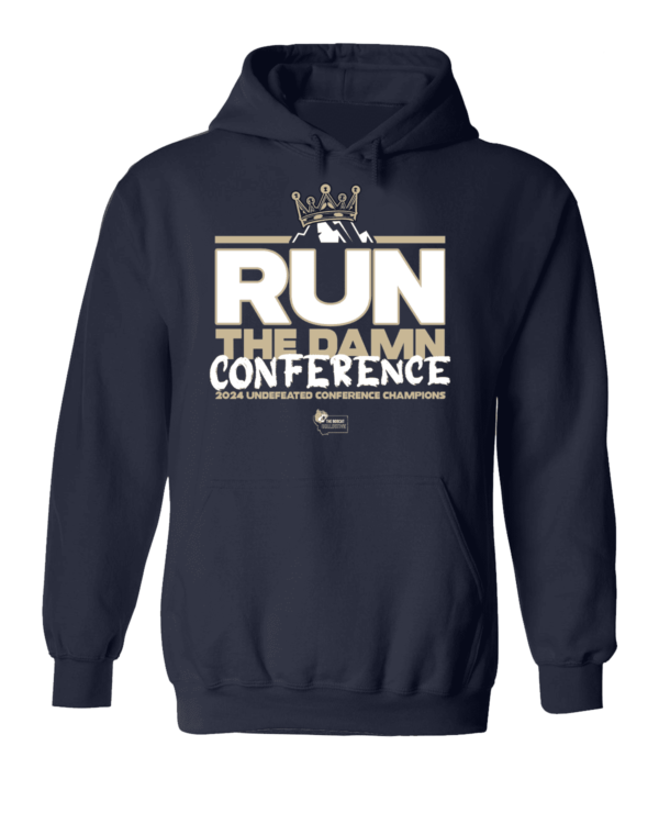 A black hoodie with the words " run the damn conference ".