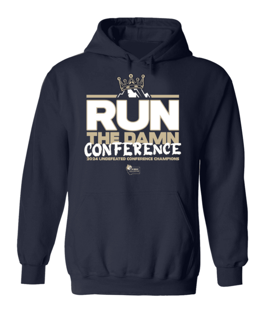 A black hoodie with the words " run the damn conference ".